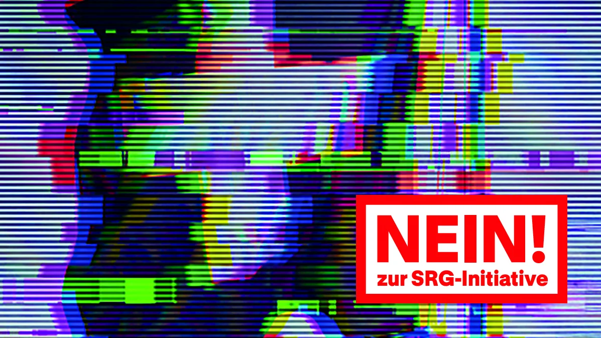 Nein zur SRG-Initiative am 8. März Gestörtes Bild einer Schweizerfahne: Nein zur SRG-Initiative