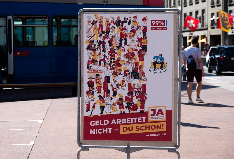 99 Prozent-Initiative Plakat Juso D 99 Prozent-Initiative, Plakat Juso: Geld arbeitet nicht - schon.