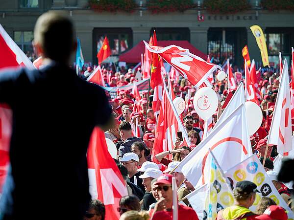 Demonstranten schwingen Gewerkschaftsfahnen