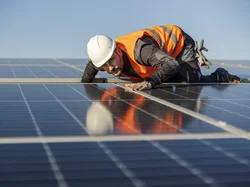Arbeiter kontrolliert Solaranlage auf dem Dach